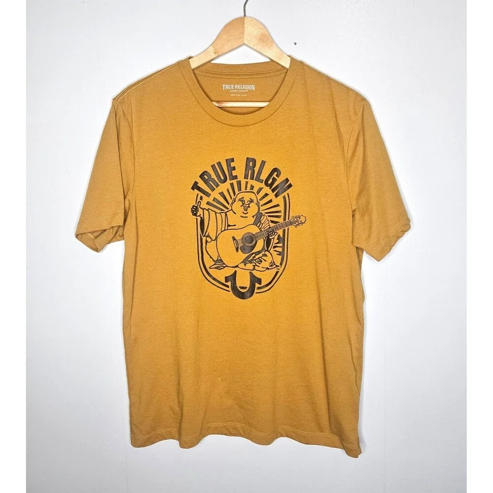 TRUE RELIGION Shirt Mens Large Gold Buddha Short Sleeve Graphic Tee Guitar Logo